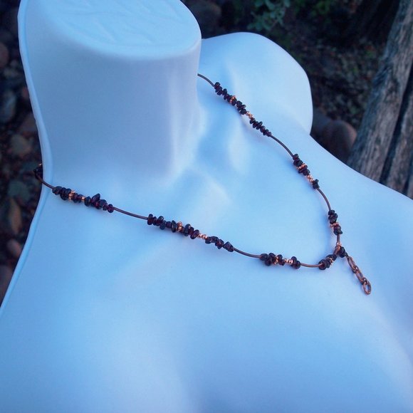 Handmade Necklace with Red Garnets and Bronze Coated Brass Tube Beads  21.5 IN - Picture 9 of 10